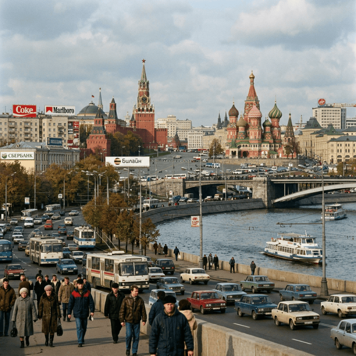 Pedestrians walking along busy riverside street with Kremlin and St. Basil's Cathedral in background