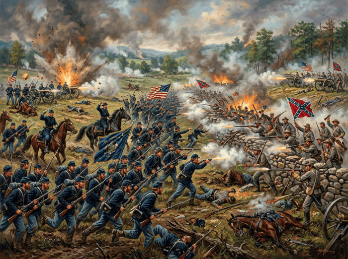 Union soldiers in blue uniforms charging Confederate soldiers behind stone walls with flags and gunfire during Civil War battle