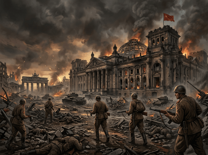 Soviet soldiers armed with rifles advancing amid rubble towards Reichstag building with Soviet flag, burning and smoke filled sky