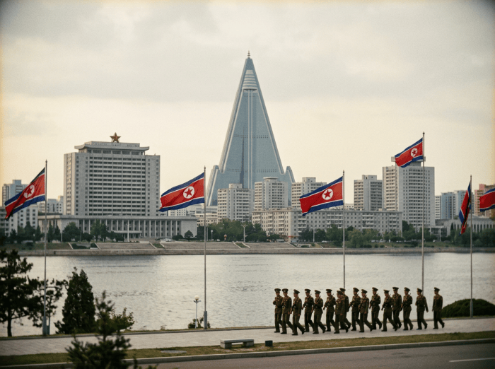 North Korean soldiers marching by river with Ryugyong Hotel and flags