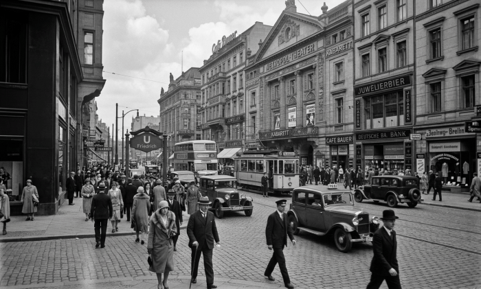 Busy historic Berlin street with trams, vintage cars, pedestrians, and Metropol-Theater