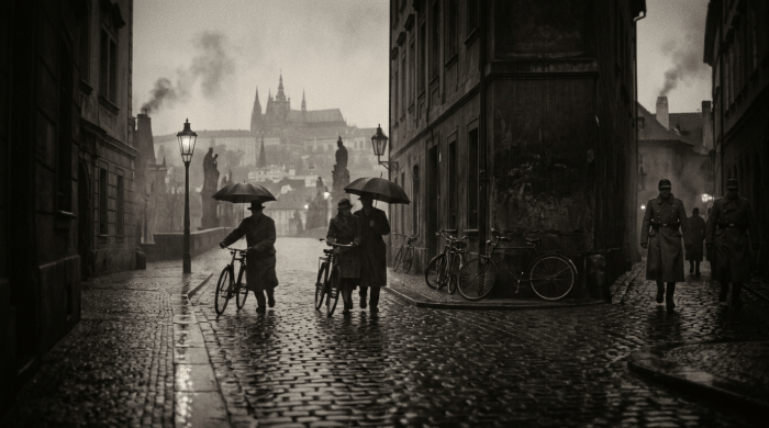 Rainy cobblestone street with cyclists, umbrellas, bicycles, and distant church spires