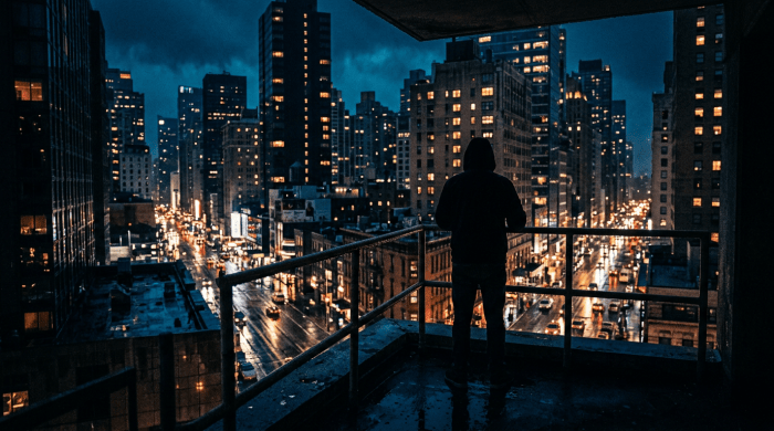 Lone person overlooking a rainy city skyline from a rooftop