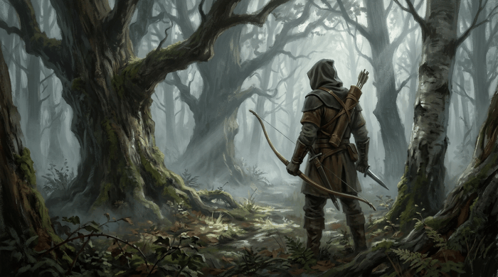 Hooded ranger carrying a bow and sword in a misty forest